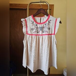 Cream Embroidered Top with Coral Trim